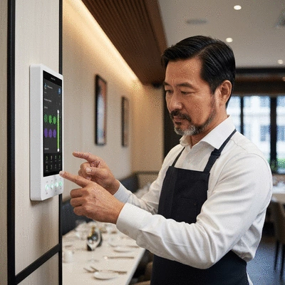 Restaurant owner looking at a smart lighting control panel, thoughtful expression