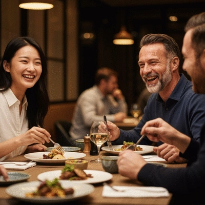 Happy diners enjoying a meal in a modern restaurant setting