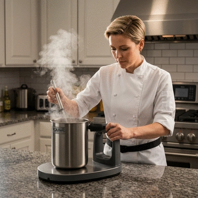 Chef using a sous-vide immersion circulator in a modern kitchen setting