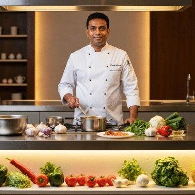 Chef using a tablet with flavor pairing app in a modern kitchen, surrounded by fresh ingredients