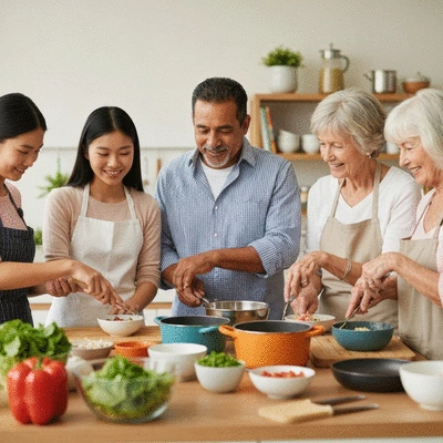 Diverse group of people enjoying a cooking class, preparing traditional dishes together, vibrant colors, warm lighting, no text, no words, no typography, no labels, clean image
