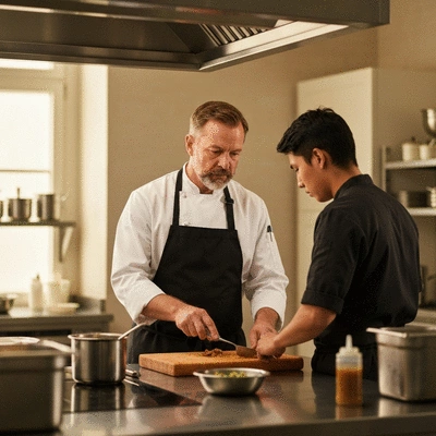 Experienced chef mentoring a younger cook in a professional kitchen, with a focus on shared knowledge and guidance, no text, no words, no typography, clean image