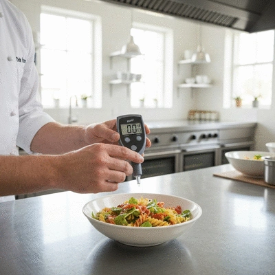 Chef's hands holding a pH meter over a bowl of food, indicating balanced pH