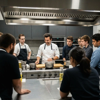 Chef teaching a culinary workshop to a group of enthusiastic students