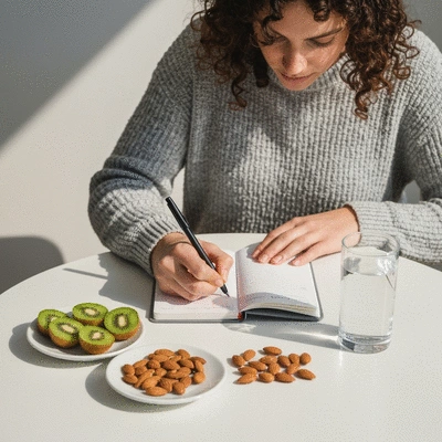 Person writing in a food diary with healthy snacks and a glass of water nearby, demonstrating self-awareness, no text, no words, no typography, clean image