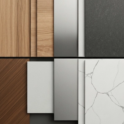 Close-up of various kitchen materials like wood, stainless steel, and quartz samples