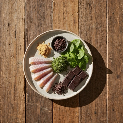 Overhead view of a beautifully arranged plate of therapeutic foods, such as fatty fish, dark chocolate, and leafy greens on a wooden table