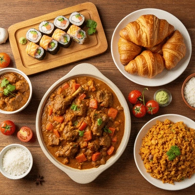 Traditional food spread with diverse dishes, vibrant colors, and fresh ingredients