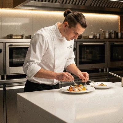 Chef preparing a beautifully plated dish in a professional kitchen