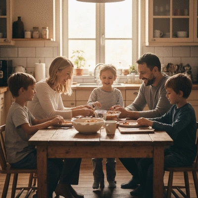 A family sharing recipes and stories around a kitchen table, warm and inviting atmosphere. No text, no words, no typography, no labels, clean image.