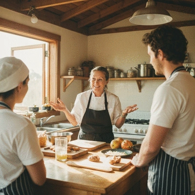 A chef demonstrating cooking techniques with indigenous ingredients to a small group in a rustic kitchen, warm and inviting atmosphere, no text, no words, no typography, no labels, clean image