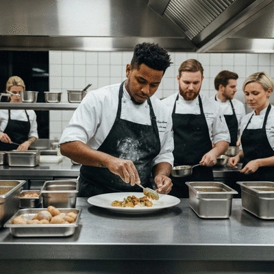Chef in a bustling kitchen, surrounded by team members, focused on preparing a dish, no text, no words, no typography, clean image