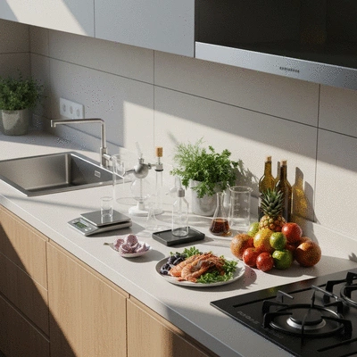 Modern kitchen counter with various molecular gastronomy tools and ingredients