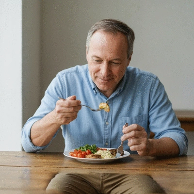 Person mindfully eating a healthy meal, focusing on textures and flavors, with a calm expression, no text, no words, no typography, clean image