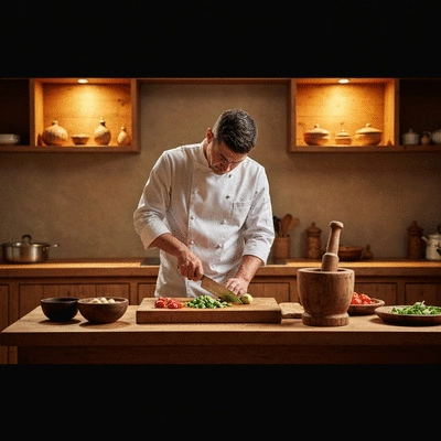 Chef preparing a traditional dish with ancient cooking tools in a rustic kitchen