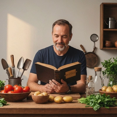 A person with an antique cookbook, surrounded by rustic kitchen tools and fresh ingredients, embodying a culinary storyteller. No text, no words, no typography, no labels, clean image.