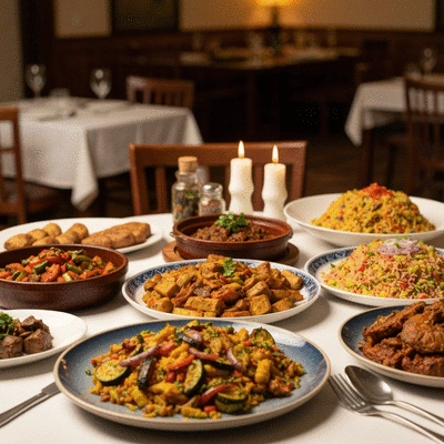 Table spread with various traditional dishes from different cultures, vibrant and appealing