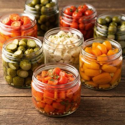 Various pickled vegetables in jars, demonstrating food preservation