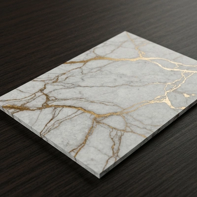 Marbled menu design with gold accents, cultural motifs