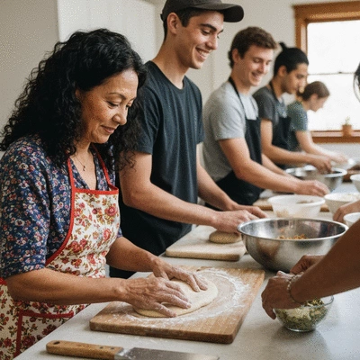 Diverse hands preparing traditional food together, showing cultural heritage and community