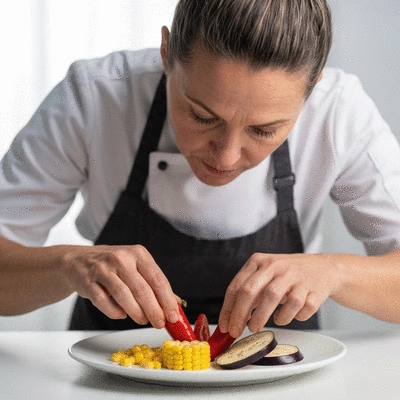 Chef arranging colorful ingredients on a plate, demonstrating visual appeal and flavor pairing