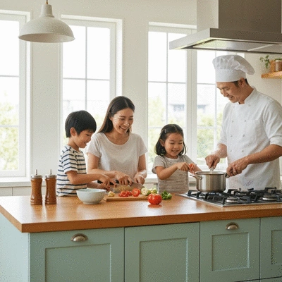 A family happily cooking together in a bright, modern kitchen, children helping parents prepare a meal, focus on interaction and joy, no text, no words, no typography, 8K, natural lighting