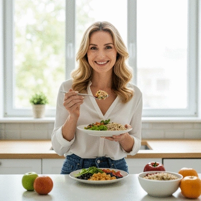 Woman enjoying a healthy meal with fresh ingredients, smiling, in a bright kitchen setting