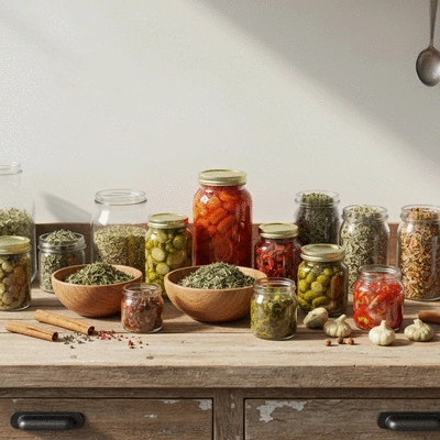 Food preservation methods like canning jars, dried herbs, and fermented vegetables on a rustic kitchen counter