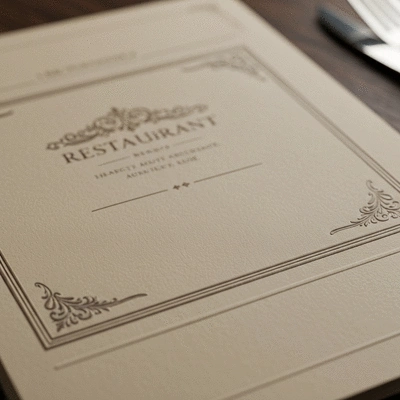 Elegant restaurant menu with intricate design, soft lighting