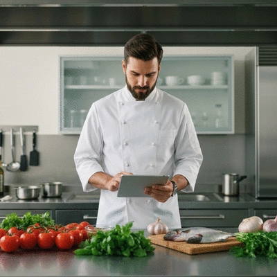 Chef in a modern kitchen, looking at a tablet with recipes, illustrating continuous learning and adaptability