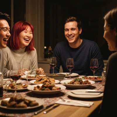 Friends laughing around a dinner table with food