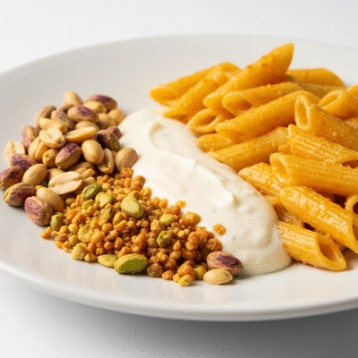 Close-up of various food textures on a plate, such as crunchy nuts, creamy sauce, and chewy pasta, demonstrating different mouthfeels. Studio lighting, no text, no words, no typography, 8K.