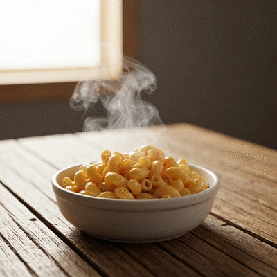 A warm, inviting bowl of macaroni and cheese, steam rising, on a rustic wooden table with a cozy background, no text, no words, no typography, 8K, natural lighting