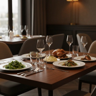 Elegant restaurant interior with warm, dim lighting, focus on a table setting with food