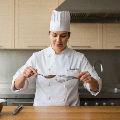 Chef balancing a spoon and a whisk, representing creativity and consistency, in a modern kitchen setting